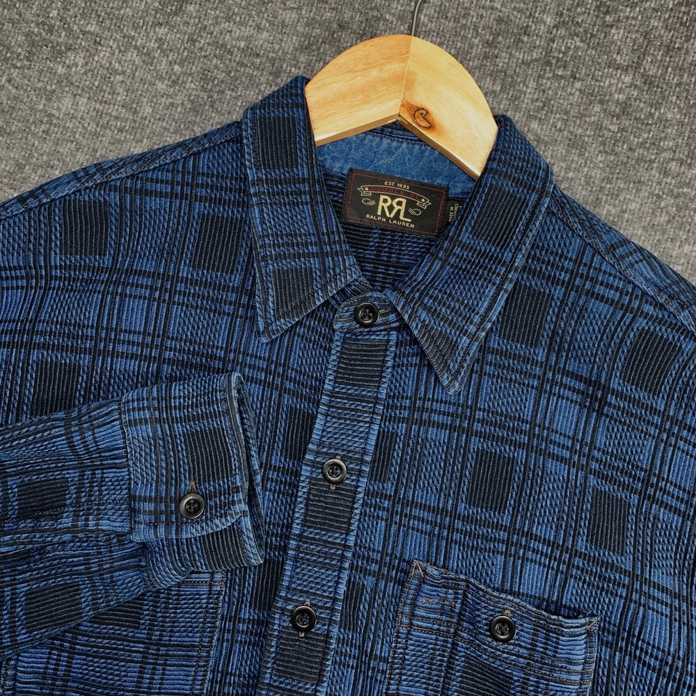 Double RL Corduory Workshirt Men Medium Indigo Blue Plaid 1930s Americana Retro